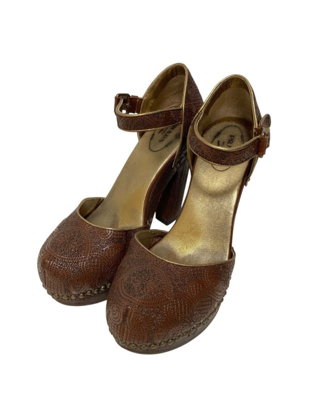 Prada Flower Embroidery Wood Sole Ankle Strap Pumps 37.5 Equivalent Brown